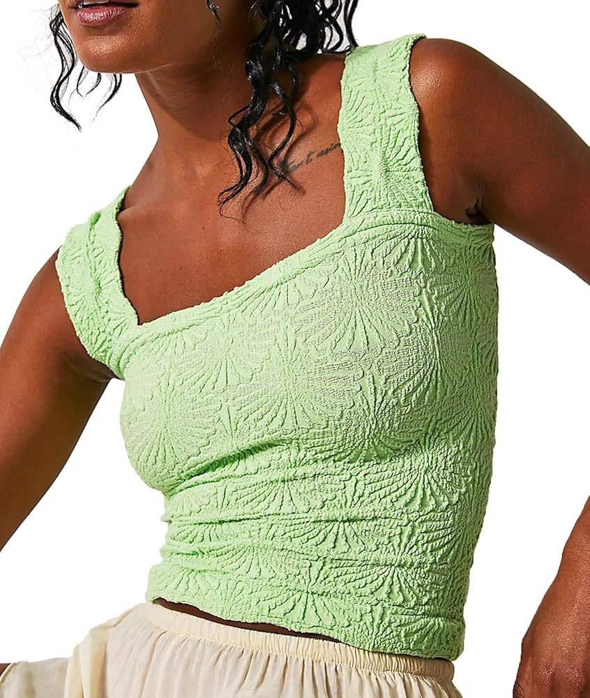 Women's Square Neck Wide Strap Crop Tank Tops Flower Going Out Tops Slim Fit Lettuce Trim Crop Ca... | Amazon (US)