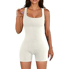 Women Workout Romper Yoga Ribbed Square Neck One Piece Seamless Tank Top Jumpsuit | Amazon (US)