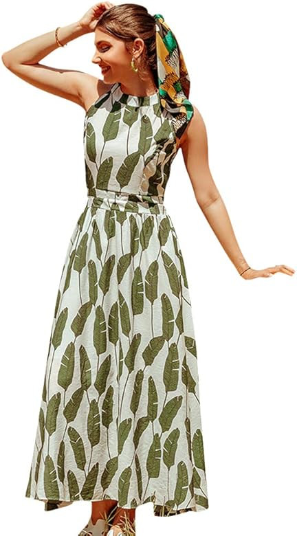 CHICWISH Women's Summer Palm Green Leaf/Pink Floral Print Halter Neck Sleeveless Party Maxi Dress | Amazon (US)