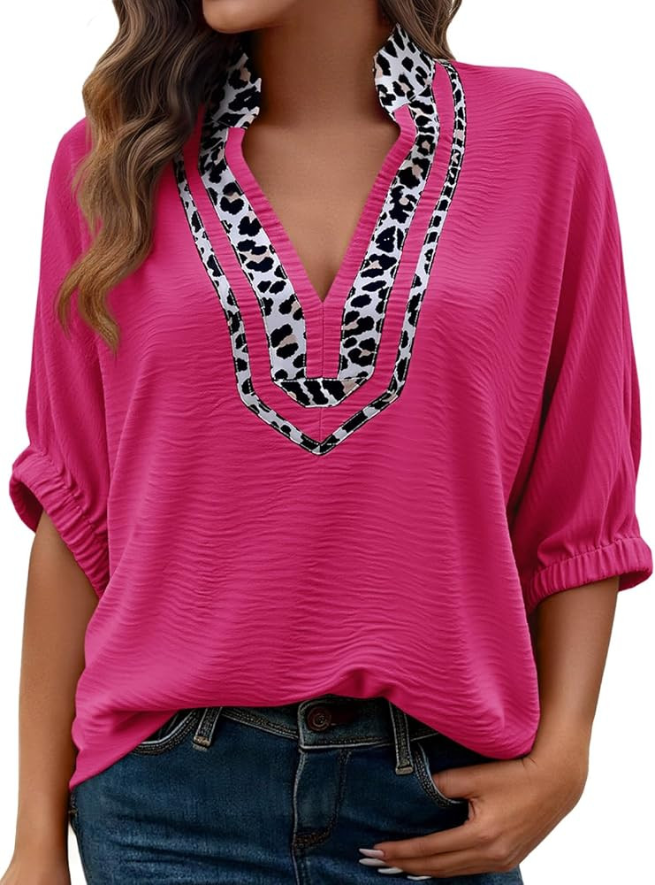 Tankaneo Womens Leopard Dolman Sleeve Tops Casual V Neck Dressy Blouse Loose Fit Basic Tees | Amazon (US)