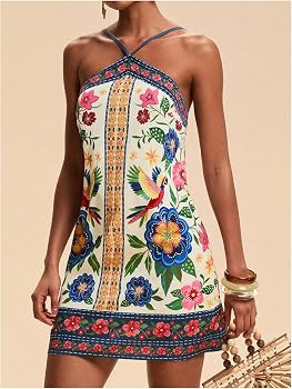 MakeMeChic Women's Halter Dresses Summer Beach Backless Tropical Vacation Caribbean Outfits Boho ... | Amazon (US)