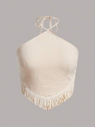 SHEIN BAE Plus Fringe Hem Tie Backless Halter Top | SHEIN