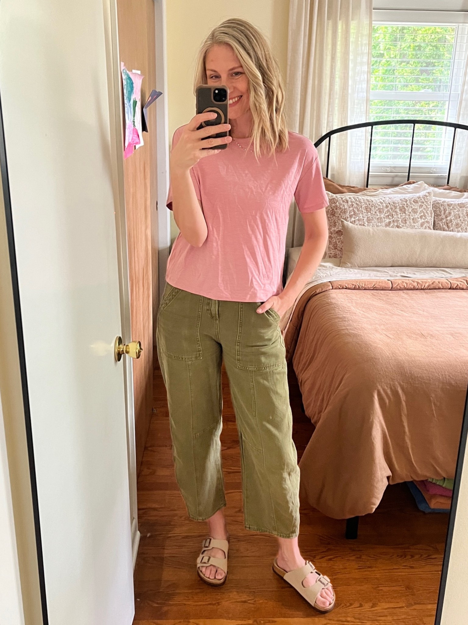 Sized down in this super comfy, stretchy tee to a small. My pants are unfortunately sold out but I linked similar barrel style from the same brand. I sized up a half size in these affordable Birk lookalikes (I always size up half size in this brand).

#LTKmomlife #LTKOver40 #LTKTall