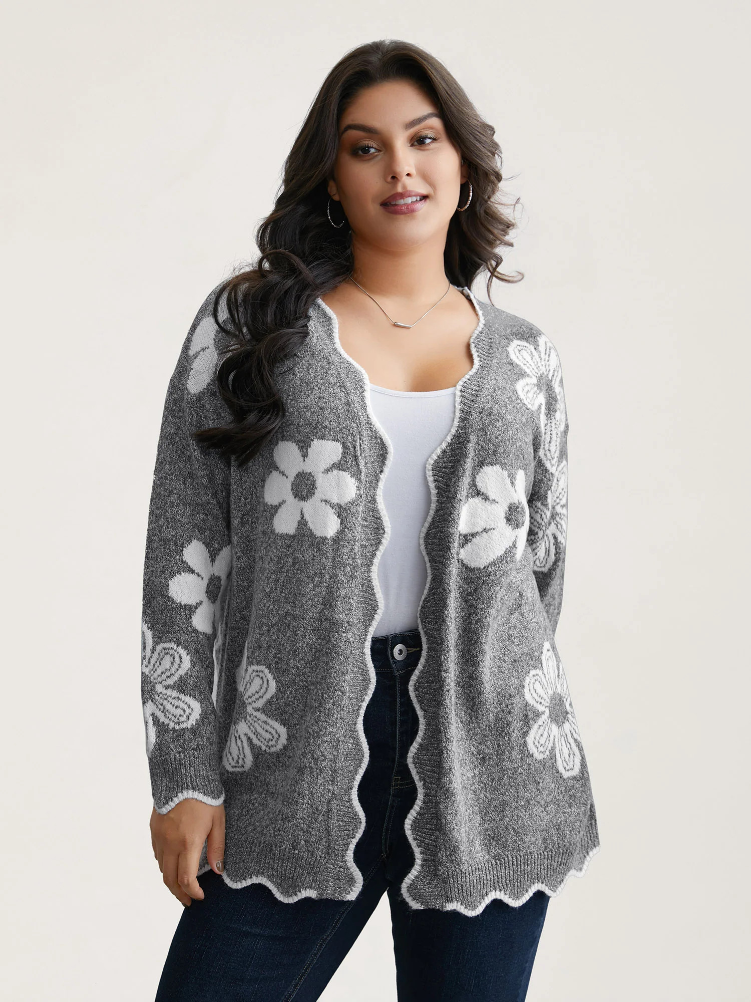 Floral Pattern Open-Front Knitted Cardigan | Bloomchic