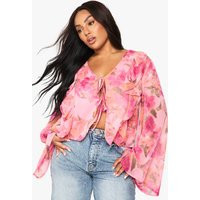 boohoo Women's Plus Ruffle Front Tie Blouse in Pink | Size: 26 | Boohoo.com (UK & IE)