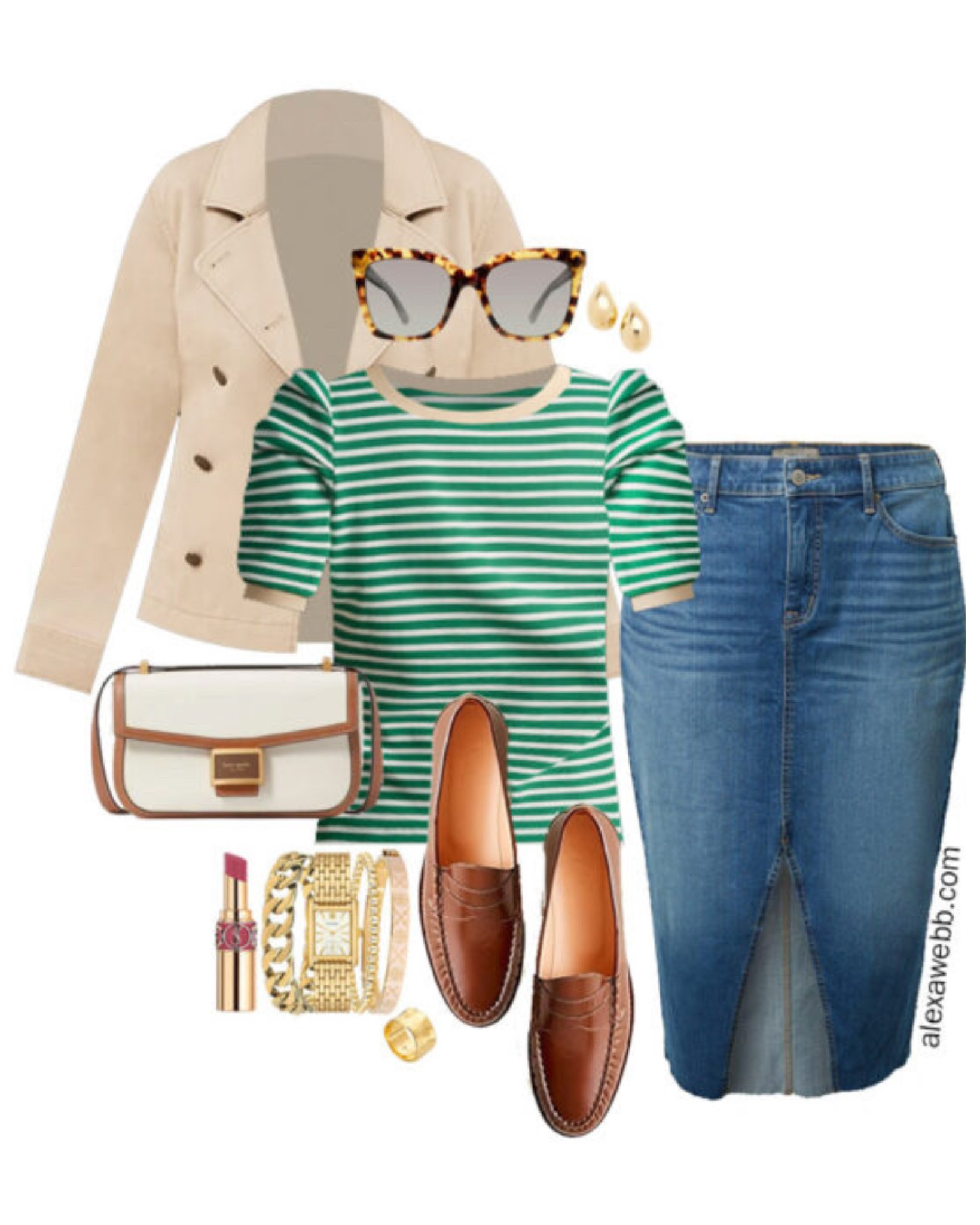 Plus Size Green Preppy Spring Outfits 1 - A preppy plus size outfit for spring. A green striped tee with a midi denim skirt and classic penny loafers. Alexa Webb

#LTKSeasonal #LTKPlusSize #LTKStyleTip