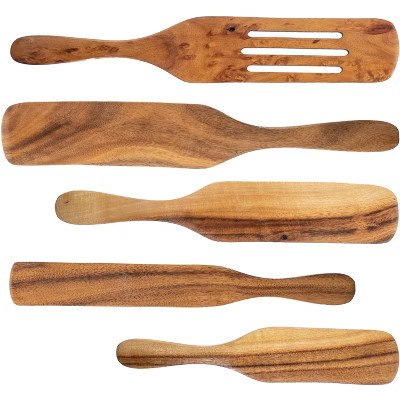 5 Star Super Deals 5pc Natural Teak Wood Spurtle Spoon Utensil Set - Ergonomic Wooden Kitchen Spatulas - for Stirring, Serving, Scraping, Mixing | Target