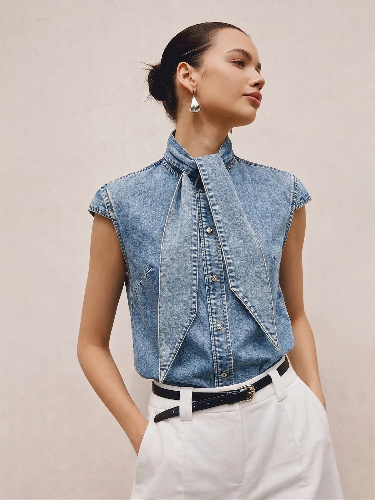 Tie Neck Sleeveless Denim Shirt | Commense