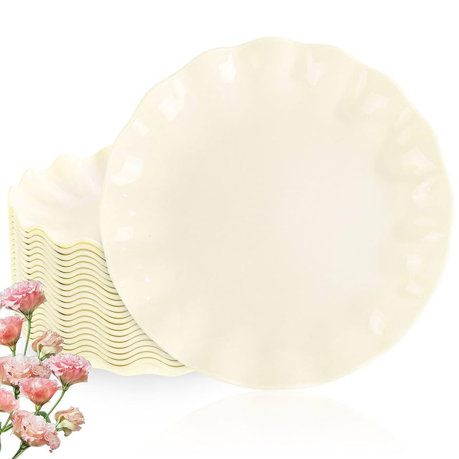 LIYH 20 Pcs Beige Plastic Plates Reusable - Unbreakable Plastic Scalloped Wavy Dinner Plates for ... | Amazon (US)