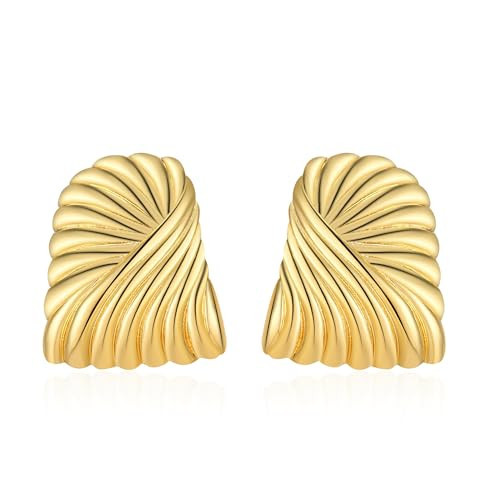 dnswez Gold Statement Earrings for Women Trendy Chunky Gold Earrings Geometric Earrings Wings Feather Textured Earrings Square Shell Textured Stud Earrings Fashion Jewelry (Water Ripples) | Amazon (US)