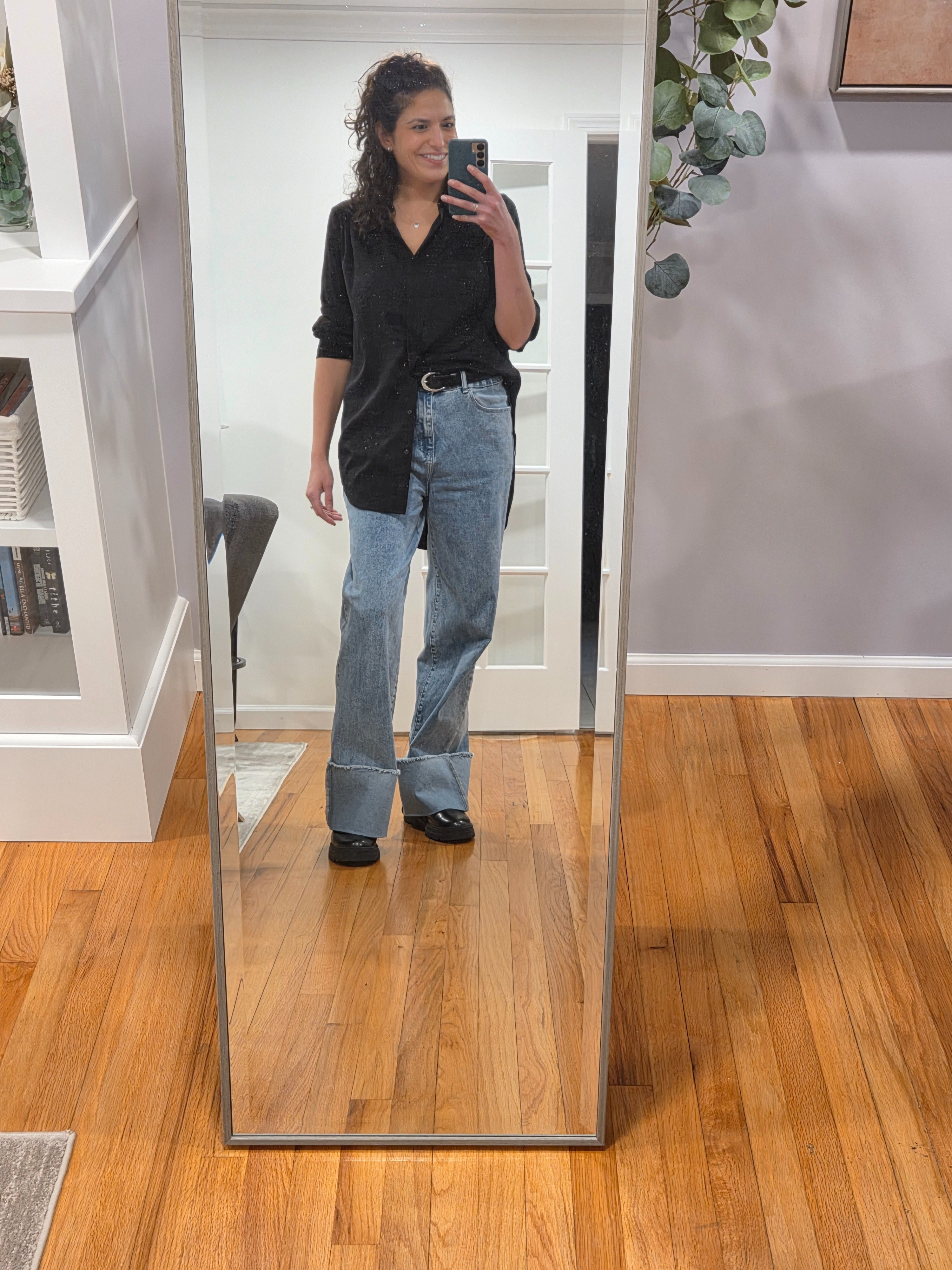 Overaized satin blouse paired with wide leg cuffed jeans - love this match 

#LTKootd #LTKTall #LTKStyleTip