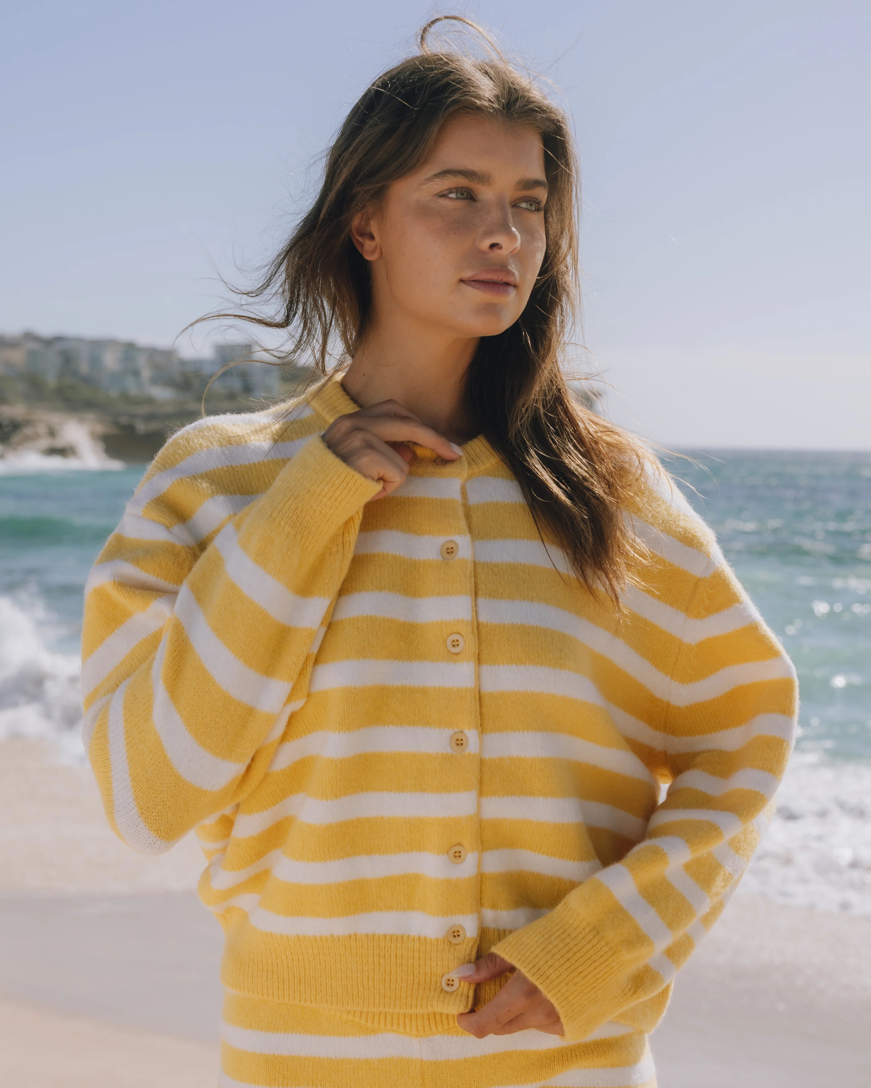 Button Up Sweater - Sunny + White Stripe | Daily Drills LLC