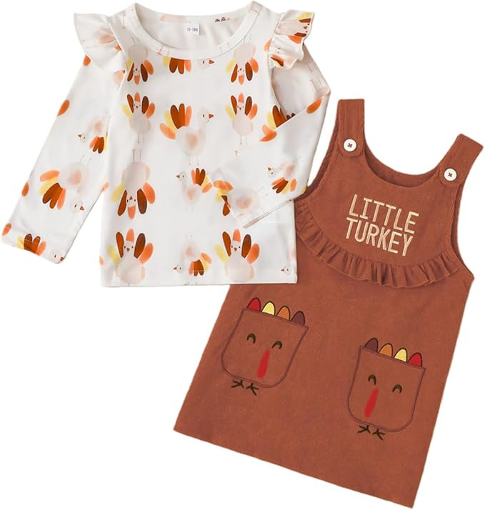 Noubeau Toddler Baby Girl Thanksgiving Outfits Ruffle Sleeve Ribbed Top+Turkey Dot Overalls Suspe... | Amazon (US)