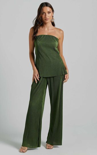 Ceryn Two Piece Set - Pleated Strapless Cowl Back Top and Pants in Green | Showpo (ANZ)