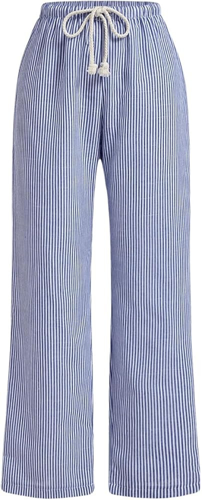 OYOANGLE Women's Striped Wide Leg Pants Drawstring Waist Straight Leg Trousers Lounge Pants | Amazon (US)