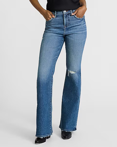 High Waisted Medium Wash Hyper Sculpt '70s Flare Jeans | Express