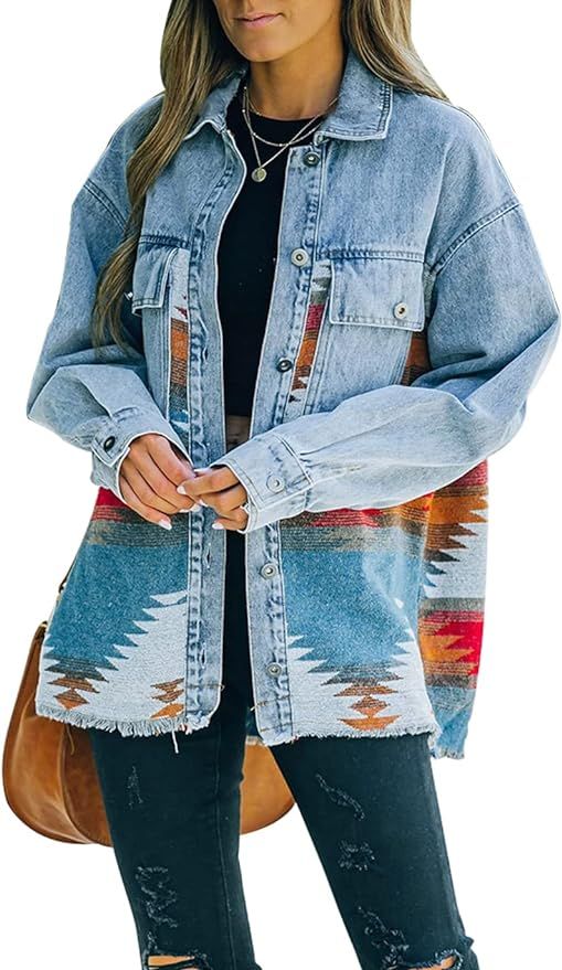 Haellun Women's Aztec Shacket Distressed Lapel Long Sleeve Button Down Jean Denim Jacket Coat | Amazon (US)