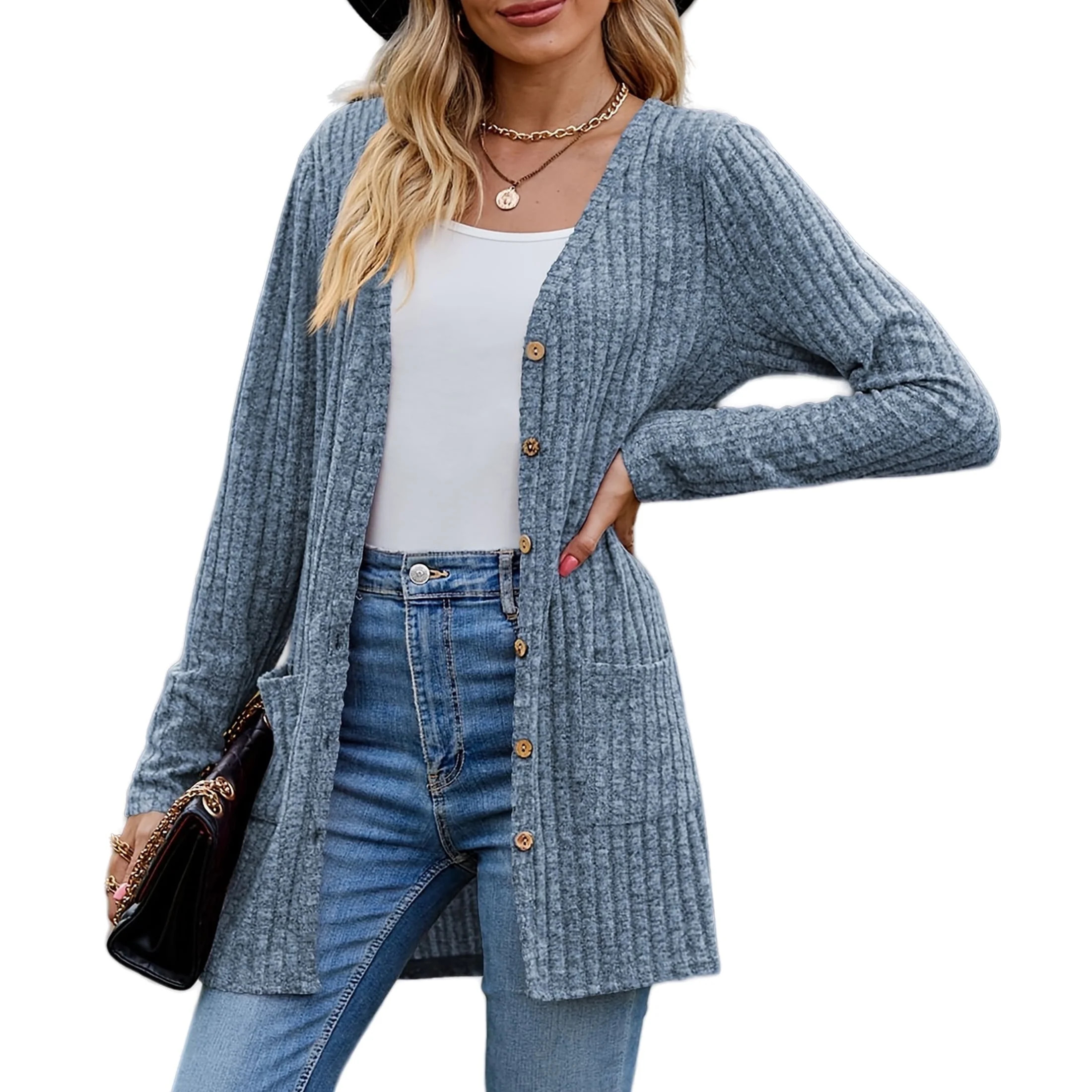 Women's Long Sleeve Cardigan Sweater Lightweight Button Down Brushed Knit Tops with Pockets S~3XL | Walmart (US)
