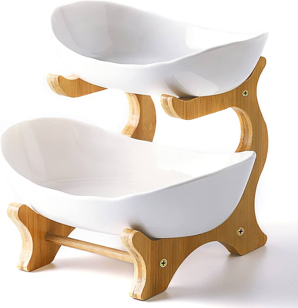 Liywall - 2 Tier Ceramic Fruit Bowl With Bamboo Wood Stand for Kitchen Counter,Porcelain Fruit Baske | Amazon (US)