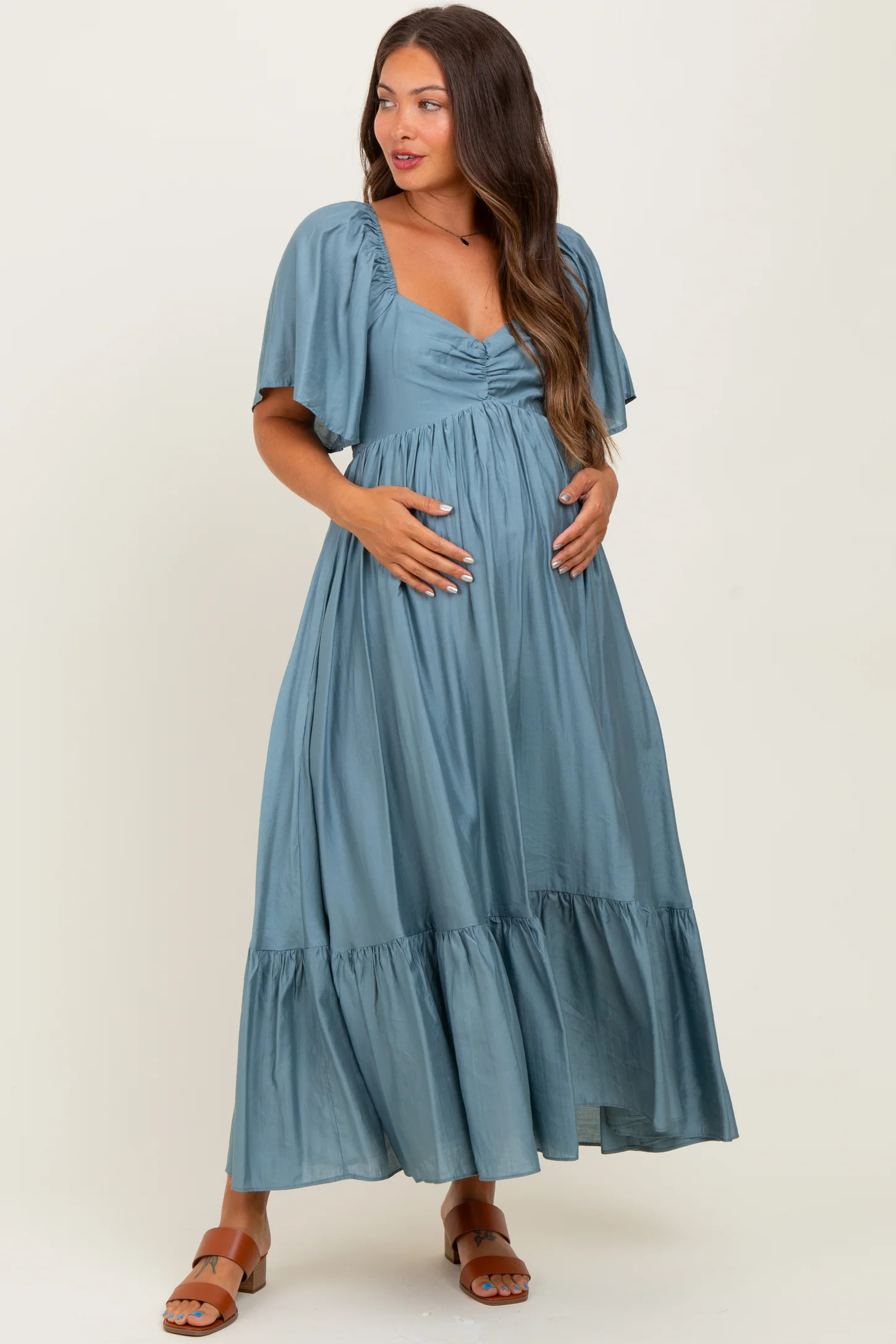 Blue Flutter Sleeve Ruffle Hem Maternity Midi Dress | PinkBlush Maternity