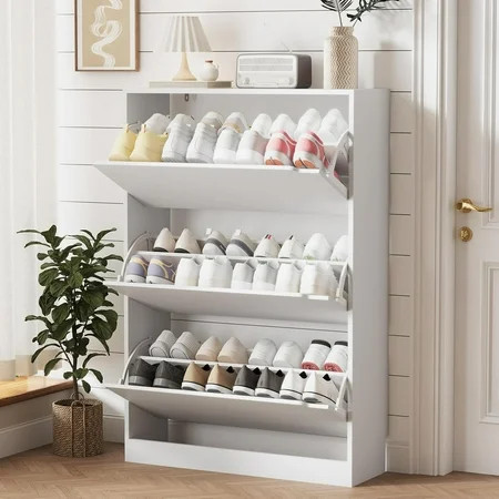FANRAL Shoe Storage Cabinet for Entryway,White Shoe Cabinet Storage with 3 Flip Drawers,Shoe Cabinet for Entryway Slim Space,3 Tier White Shoe Cabinet Freestanding Wood Shoe Rack for Entryway,Hallway | Walmart (US)