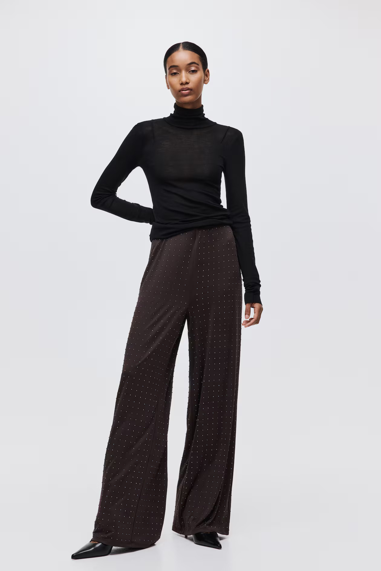 Rhinestone-embellished jersey trousers - Dark brown - Ladies | H&M GB | H&M (UK, MY, IN, SG, PH, TW, HK)