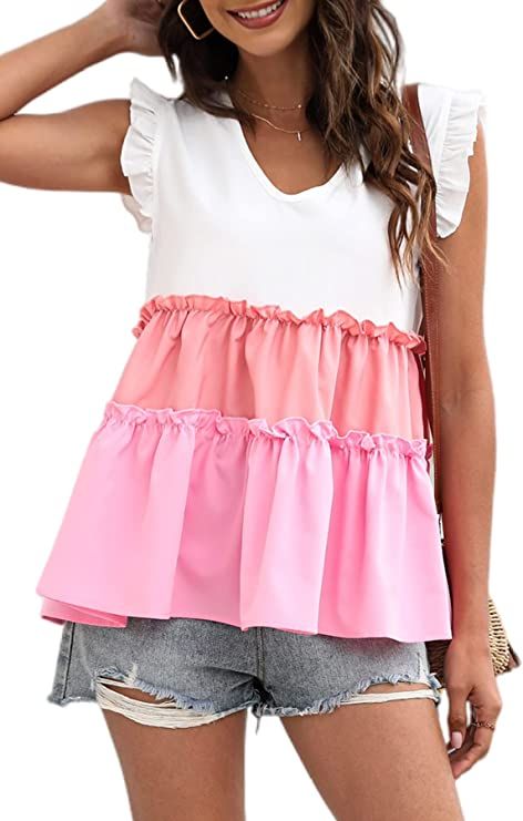 Beaully Women's Summer Floral Ruffle Sleeve Babydoll Blouses Casual Solid V Neck Tiered Shirt Tan... | Amazon (US)