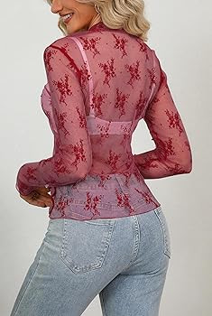 Diosun Womens Mesh Sheer Tops Long Sleeve Mock Neck Sexy See Through Shirts Lace Floral Blouses Y... | Amazon (US)