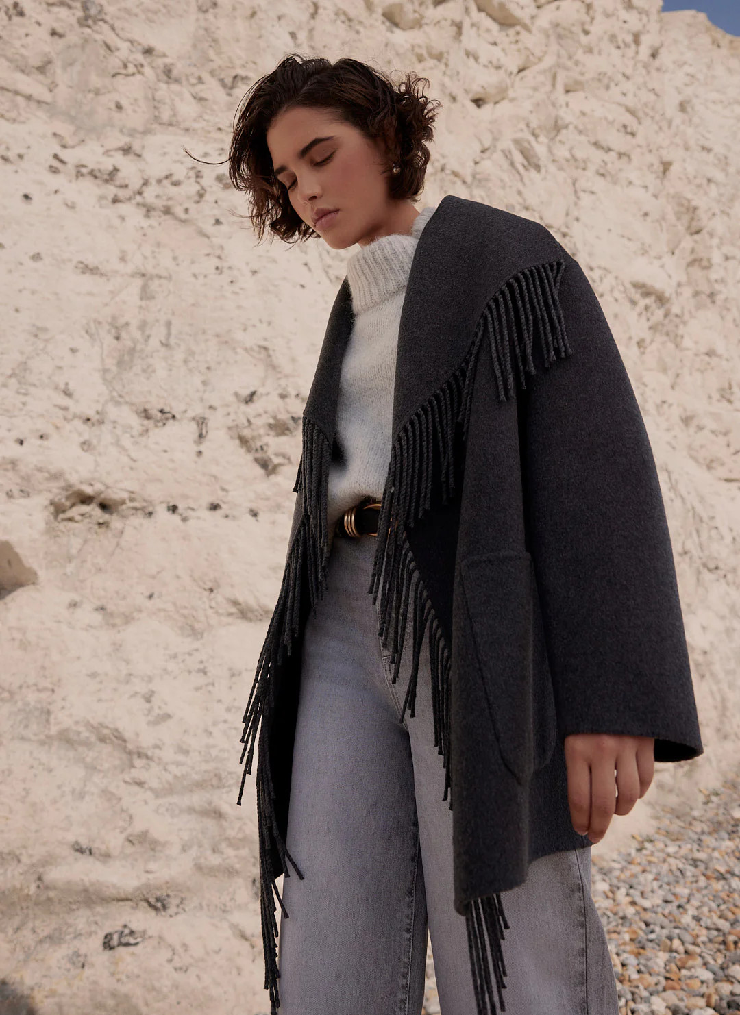 Grey Wool Blend Hand Finished Tassel Coat | Mint Velvet