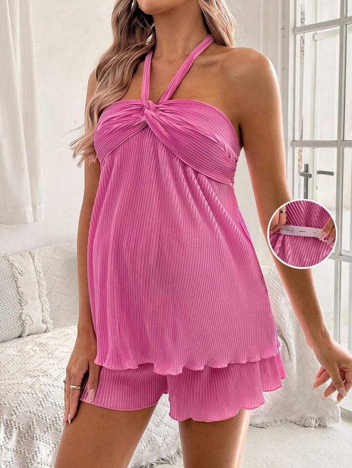 SHEIN 2pcs/Set Maternity Sleeveless Top And Shorts Set, Solid Color, Simple And Fashion, Suitable For Summer | SHEIN