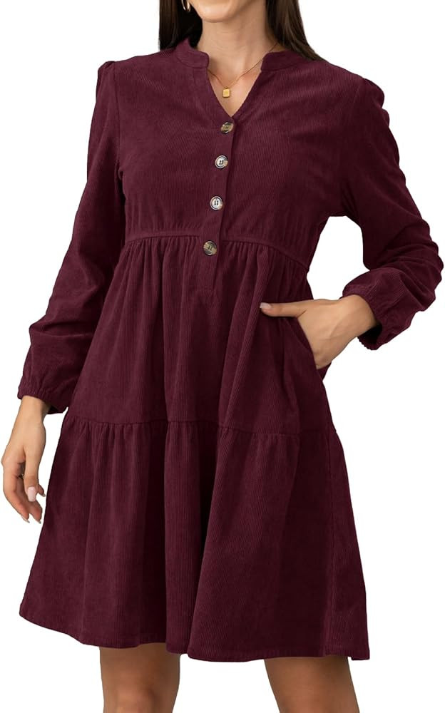 Jayscreate Women's 2025 Long Sleeve Corduroy Dress Above Knee A-Line V Neck Fall Winter Short Wor... | Amazon (US)