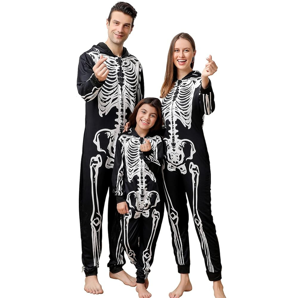ANGELGGH Family Matching Halloween Onesie Pajamas, Funny Skeleton Hooded Zipper PJs Holiday Loung... | Amazon (US)