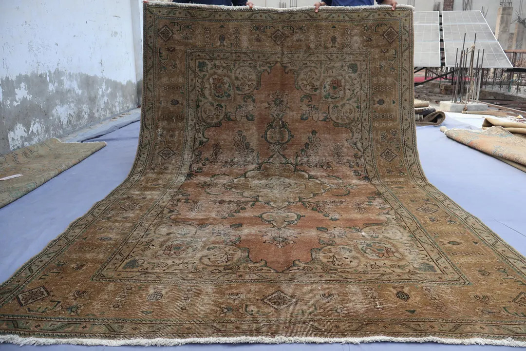 7x10 Antique Rug, Terracotta Heriz Rug, Handmade Low Pile Wool Faded Rug, Distressed Vintage Rug,... | Etsy (US)