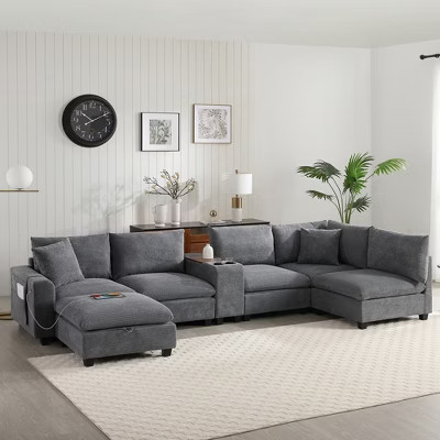 139-inch U-Shaped Modular Corduroy Sectional Sofa with Console, Extra-Wide Seat, USB Charger, Cup Holders, Movable Ottoman with Storage | Target