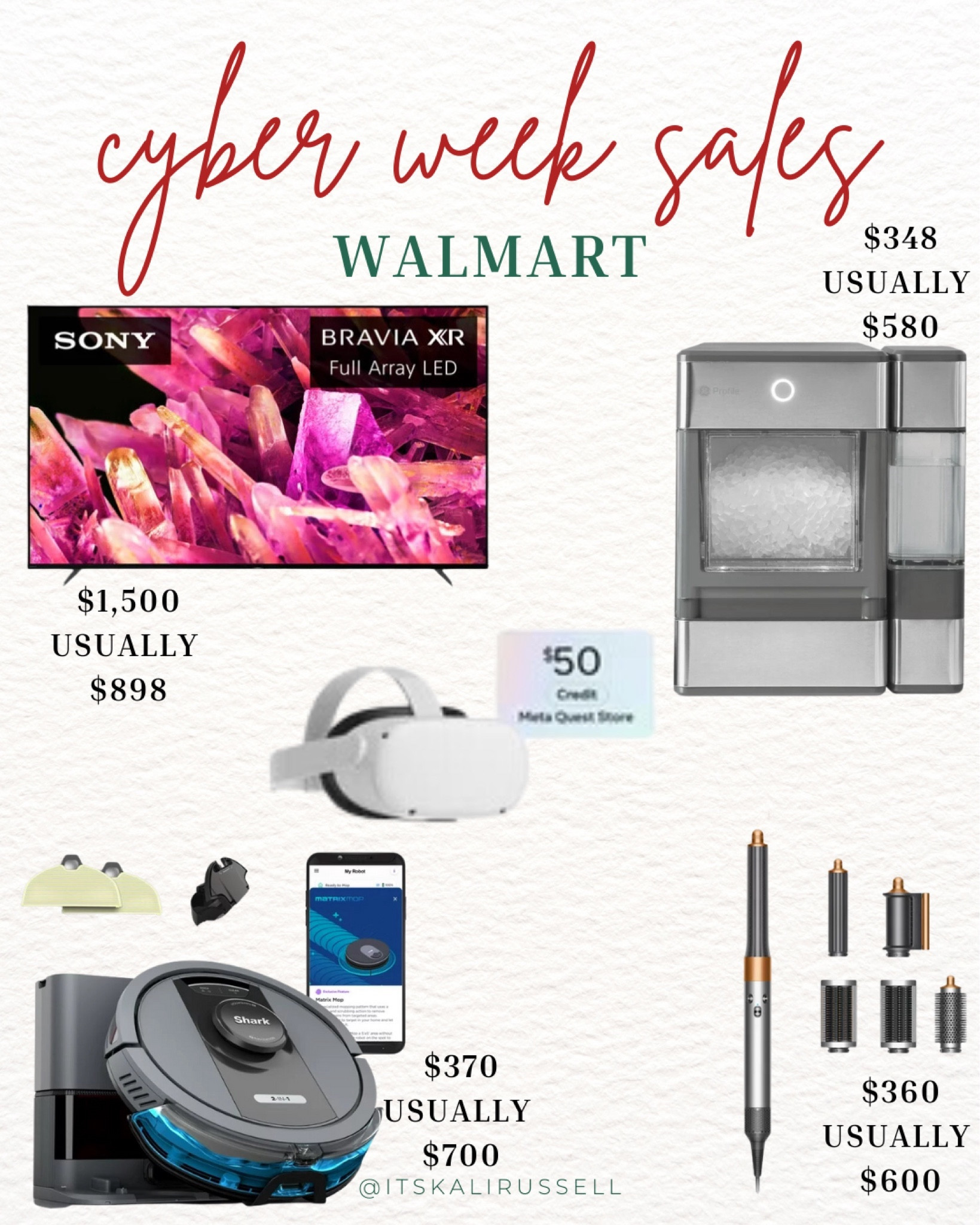 Correction- TV numbers are switched. 😜
Tv
Shark vacuum
Robot vacuum 
Dyson air wrap 
Meta quest 
Nugget Ice Maker

#LTKhome #LTKGiftGuide #LTKCyberWeek