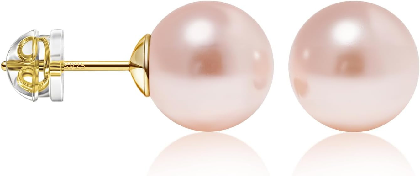 Pearl Stud Earrings for Women, 925 Sterling Silver 14K Gold Plated Shell Pearl, Hypoallergenic Ea... | Amazon (US)
