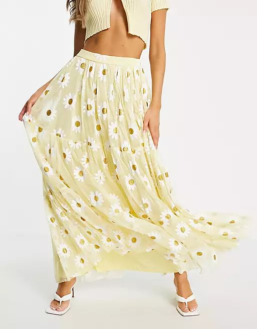 Lace & Beads exclusive puff sleeve crop top and tiered tulle maxi skirt in yello | ASOS | ASOS (Global)