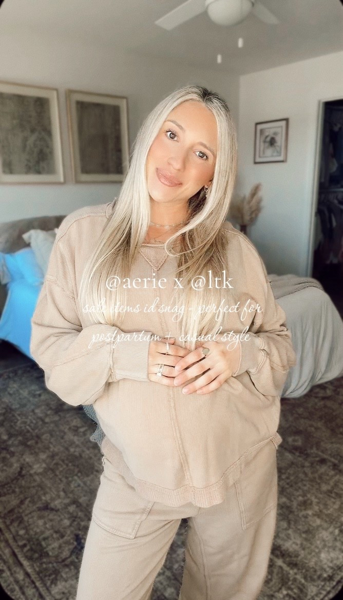 @Aerie spring mini haul for postpartum lounge wear ✨🧸🍼🫧🕊️ loving the neutrals — got my tts in most of the times besides these cotton pants I wanted them a bit more oversized! 

brown tank - small
cream cotton / linen pants - small short
tan sweatshirt - small
tan sweatpants - xs short 
cream set - small top
cream set - XS short bottoms
lounge set - small top + small bottoms



#LTKootd #LTKxAerie #LTKmomlife