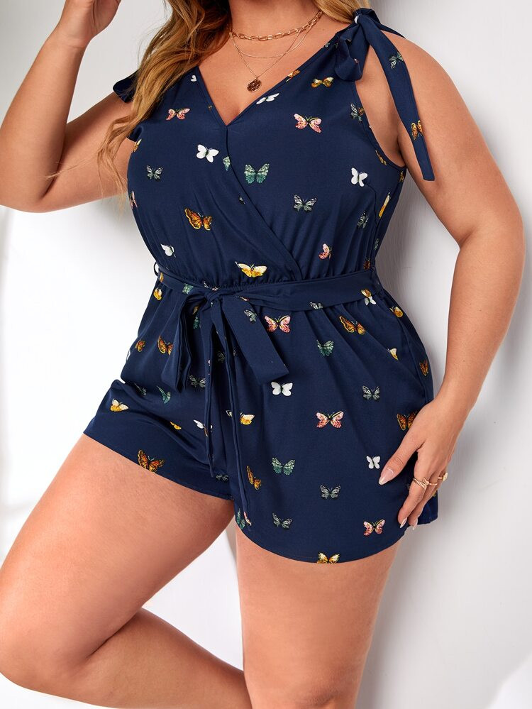 Plus Butterfly Print Tie Shoulder Belted Romper | SHEIN