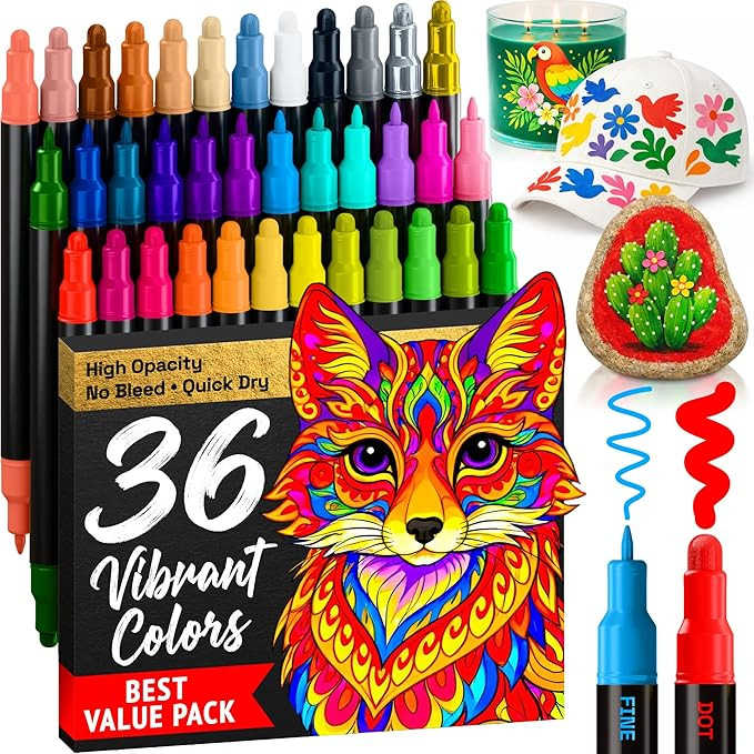 ARTISTRO 36 Acrylic Paint Markers for Rock, Fabric, Wood, Glass, Eggs - Dual-Tip Paint Pens for C... | Amazon (US)