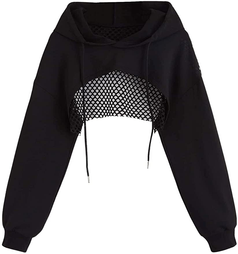 Verdusa Women's Hollow Out Fishnet Long Sleeve Drawstring Hoodie Super Crop Sweatshirt | Amazon (US)