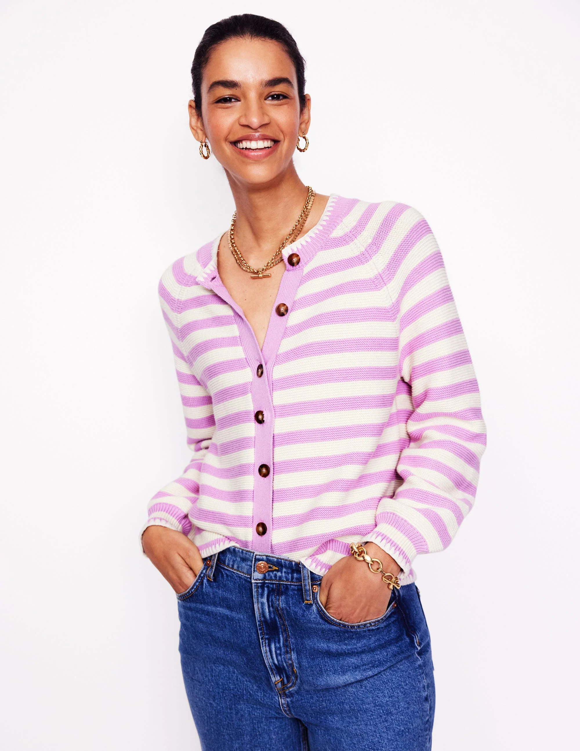 Lena Stitch Detail Cardigan-Soft Lavender and Ivory Stripe | Boden (US)
