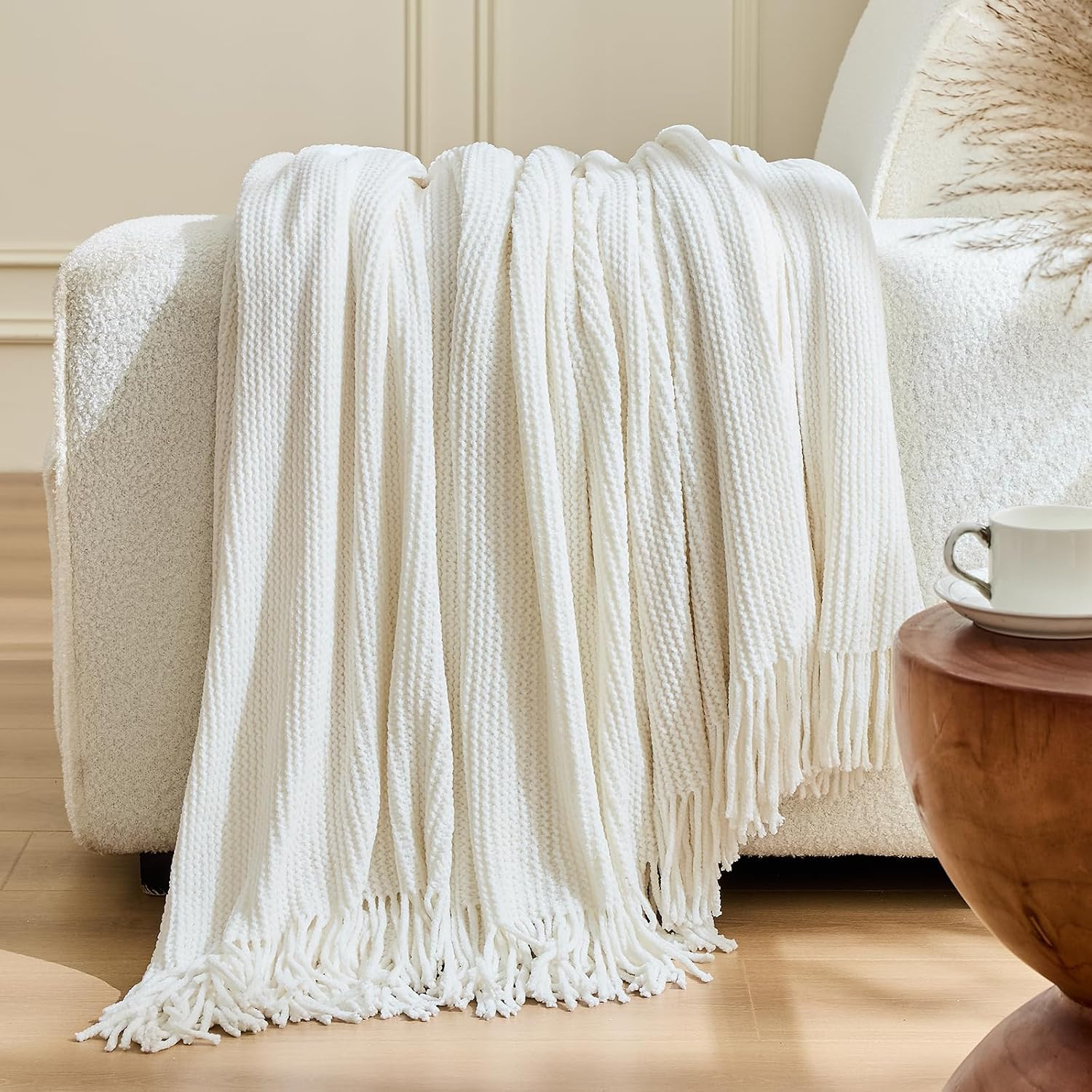 Chenille Ivory White Throw Blanket for Couch Bed,Knit Blanket 50"x60" | Amazon (US)