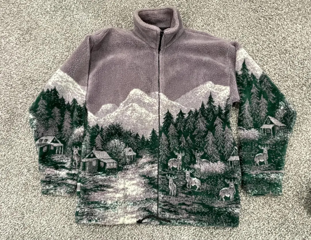 Vtg 90s MAZMANIA Jacket Sz M Mountain Cabin Deer Print Sherpa Fleece Full Zip - Etsy | Etsy (US)