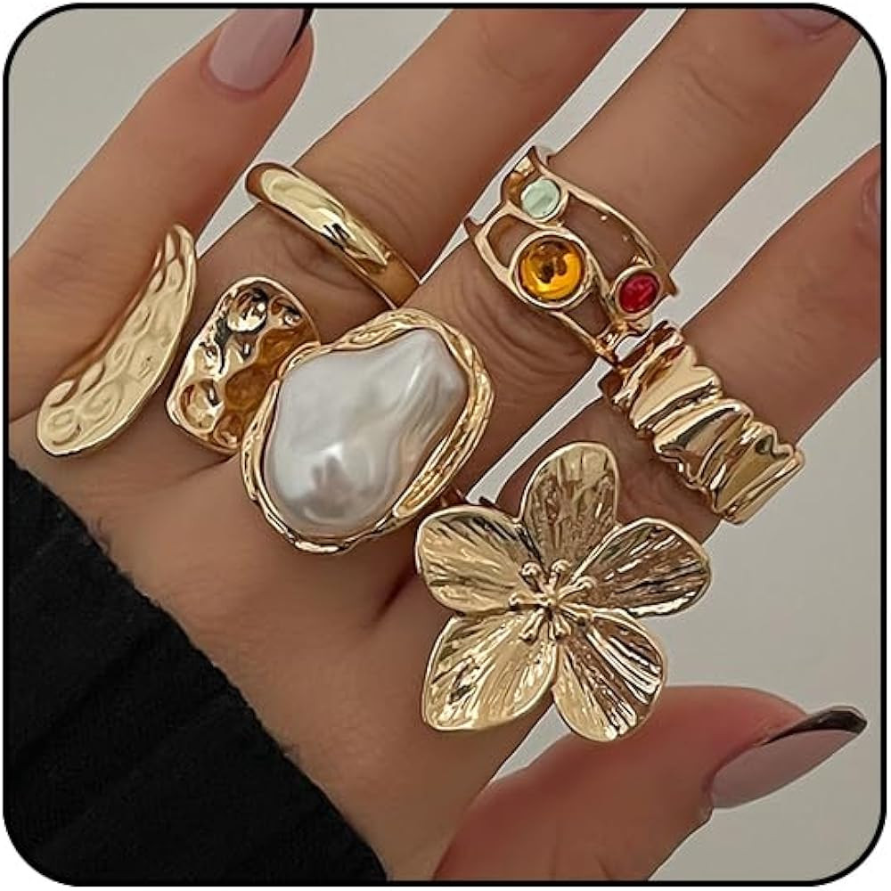 Otxas Chunky Rings for Women Adjustable Statement Rings Baroque Pearl Flower Ring Stackable Rings... | Amazon (US)