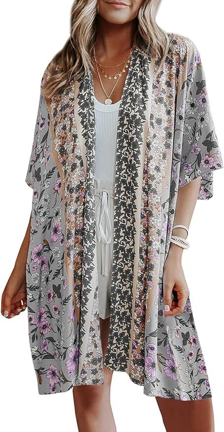 Ferlema Womens Floral Print Kimono Cardigan Chiffon Loose Batwing Half Sleeve Open Front Cardigan... | Amazon (US)