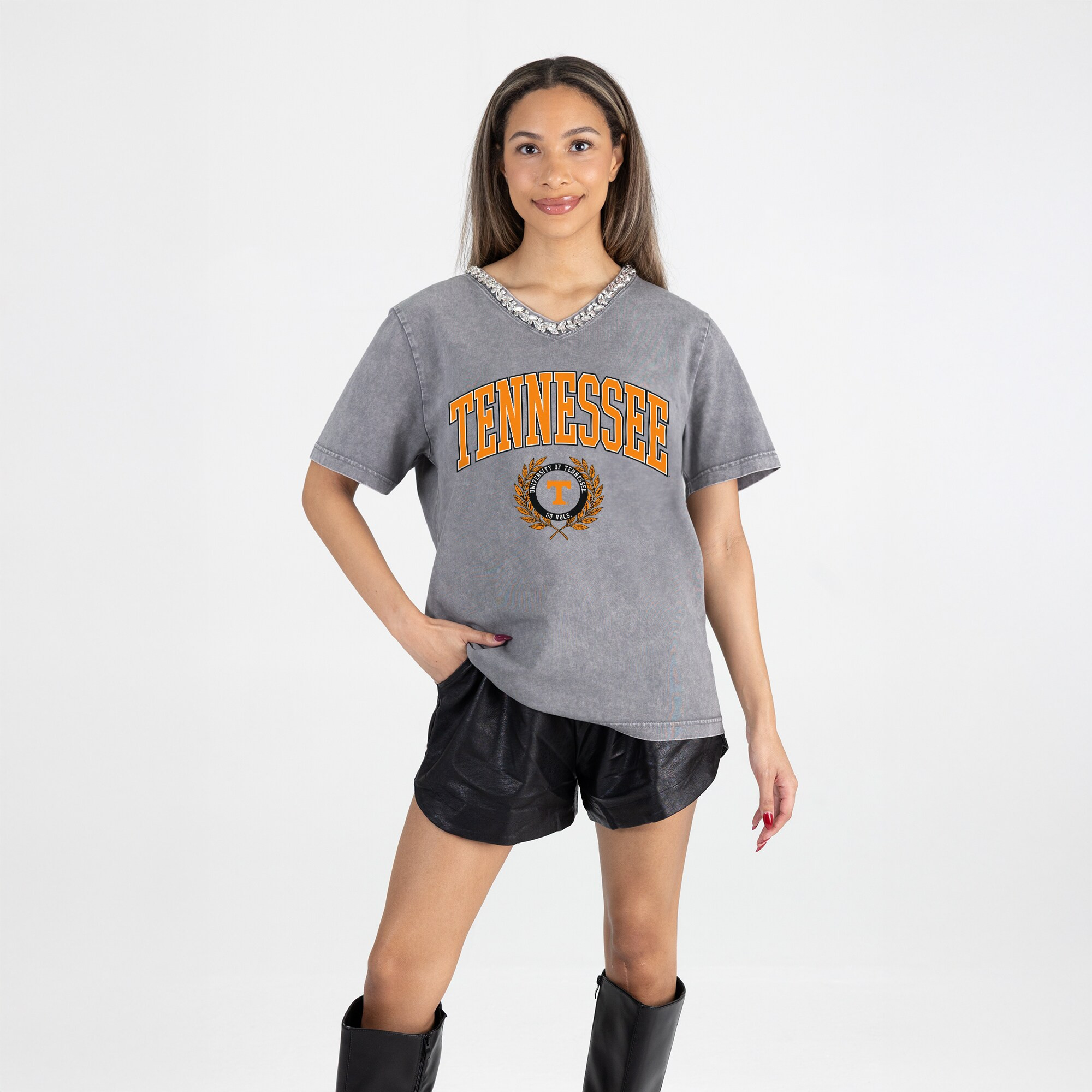 Tennessee Volunteers Gameday Couture Women's Iconic Edge Rhinestone V-Neck T-Shirt - Gray | Fanatics