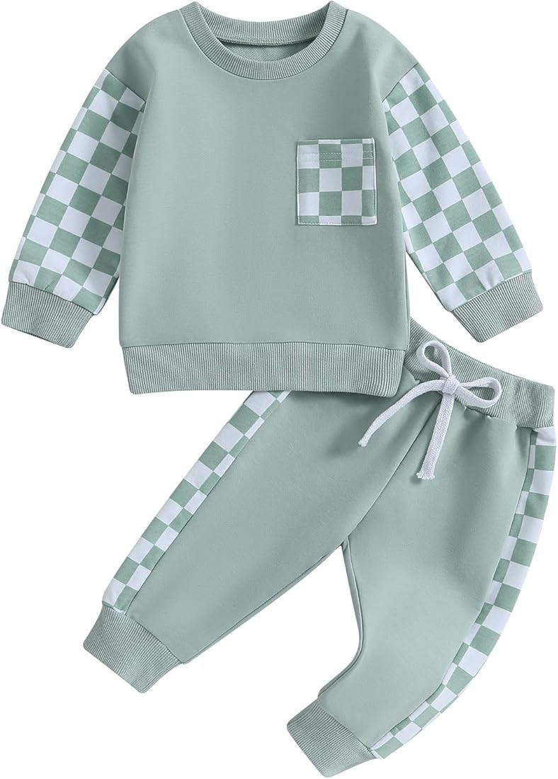Karwuiio Toddler Baby Boy Girl Clothes Checkerboard Print Long Sleeve Sweatshirt Tops and Pants Fall | Amazon (US)