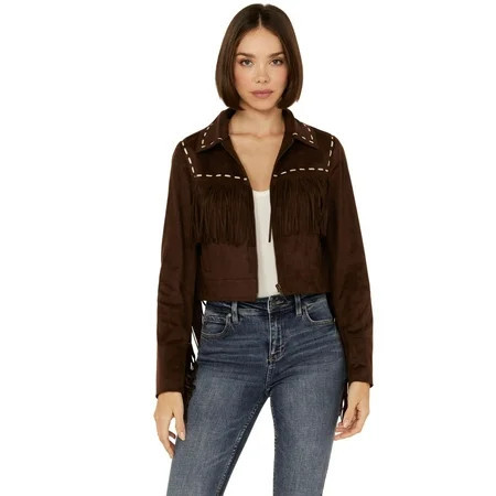 Shyanne Women s Faux Suede Contrast Stitch Fringe Jacket - SWSP24O36-DKBN Medium US | Walmart (US)