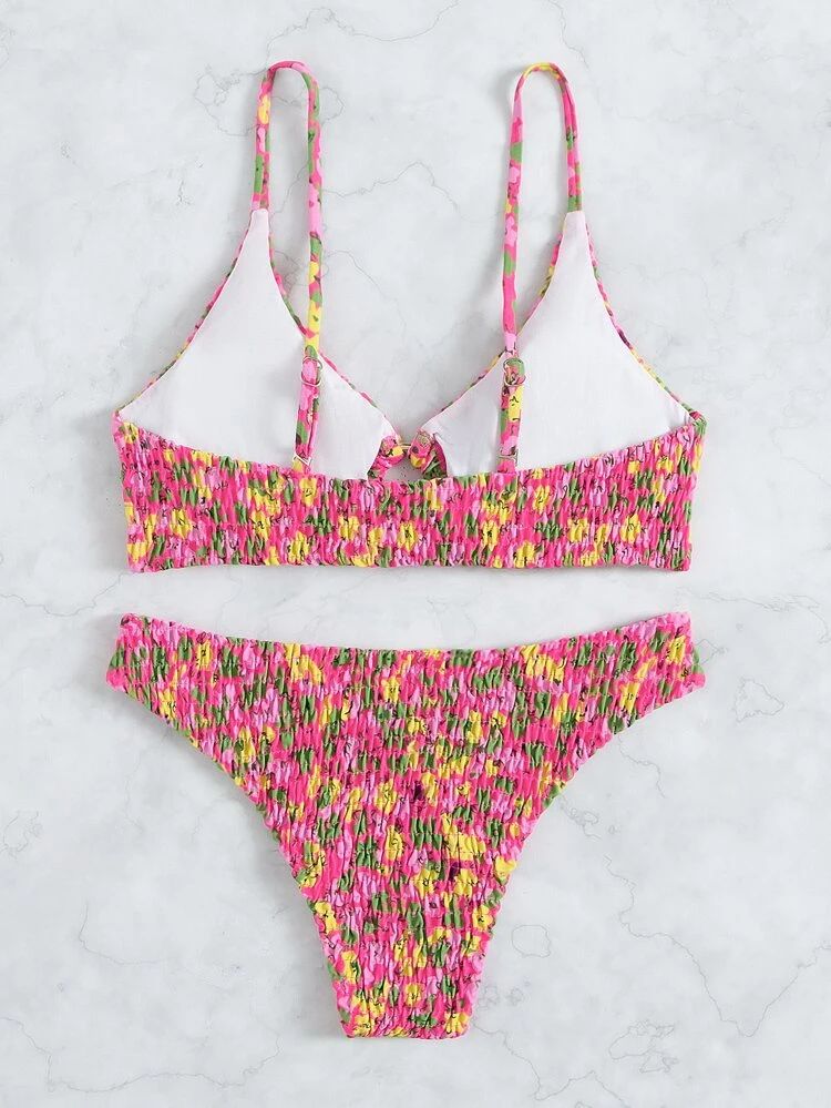 Ditsy Floral Print Smocked Bikini Swimsuit | SHEIN
